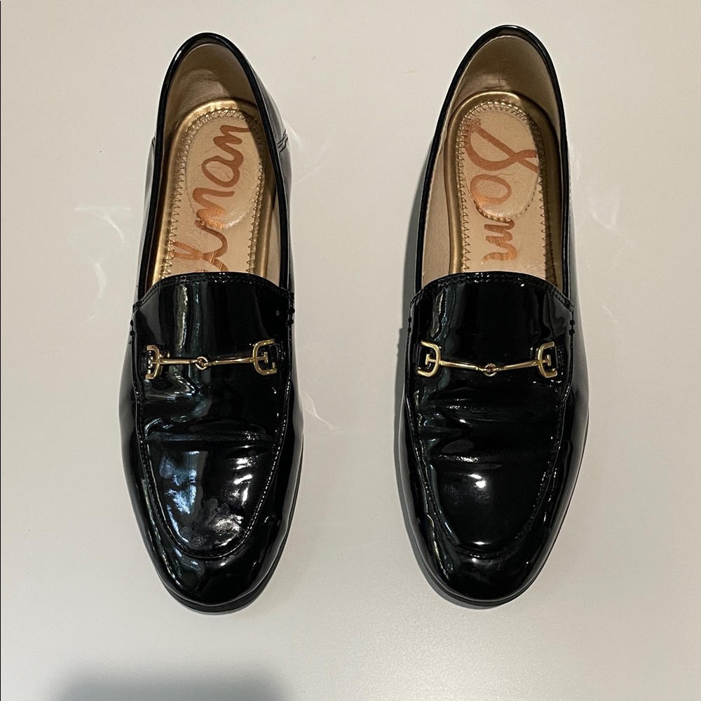 Sam Edelman Black Patent Leather Loafers with Gold Buckle